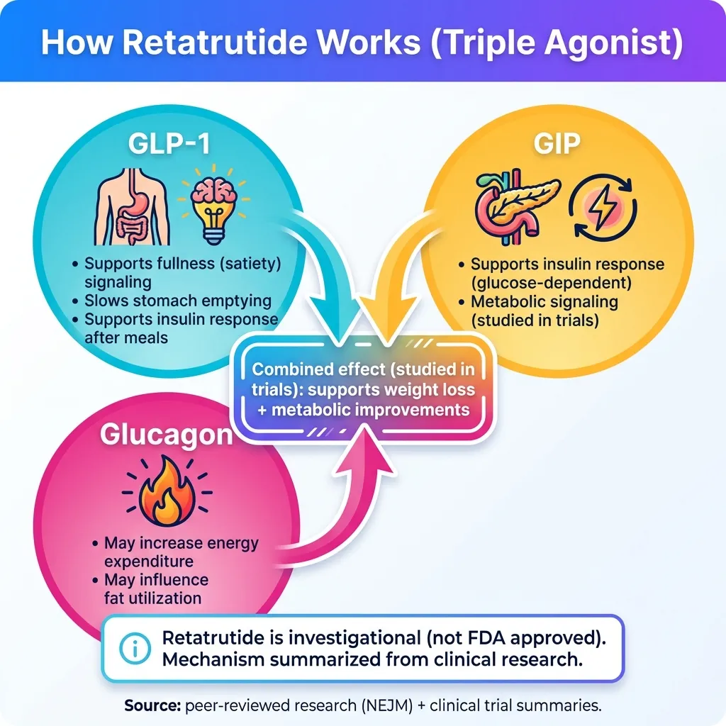 Diagram showing how retatrutide works as a GLP-1, GIP, and glucagon triple-agonist