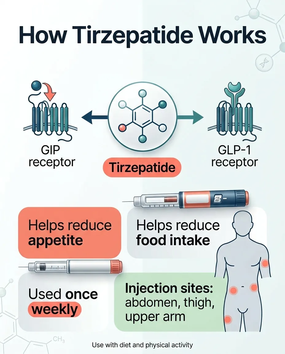 How tirzepatide works — activates both GIP and GLP-1 receptors, reduces appetite and food intake, used once weekly via injection in abdomen, thigh, or upper arm