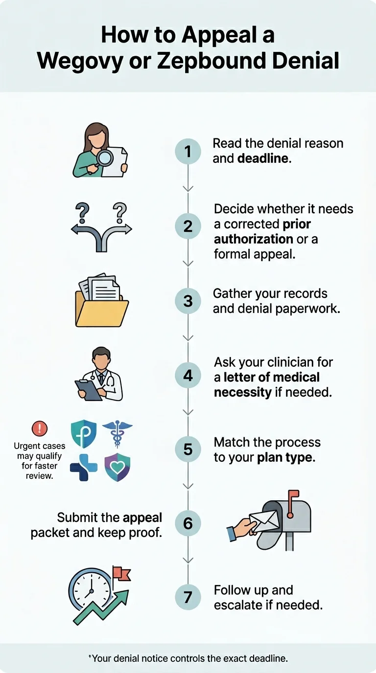 Infographic showing the 7 steps to appeal a Wegovy or Zepbound denial: read denial, decide path, gather records, get letter of medical necessity, match plan type, submit appeal, and follow up