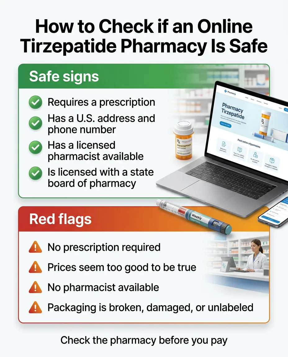 How to check if an online tirzepatide pharmacy is safe — safe signs include prescription required, U.S. address, licensed pharmacist; red flags include no prescription required, prices too good to be true