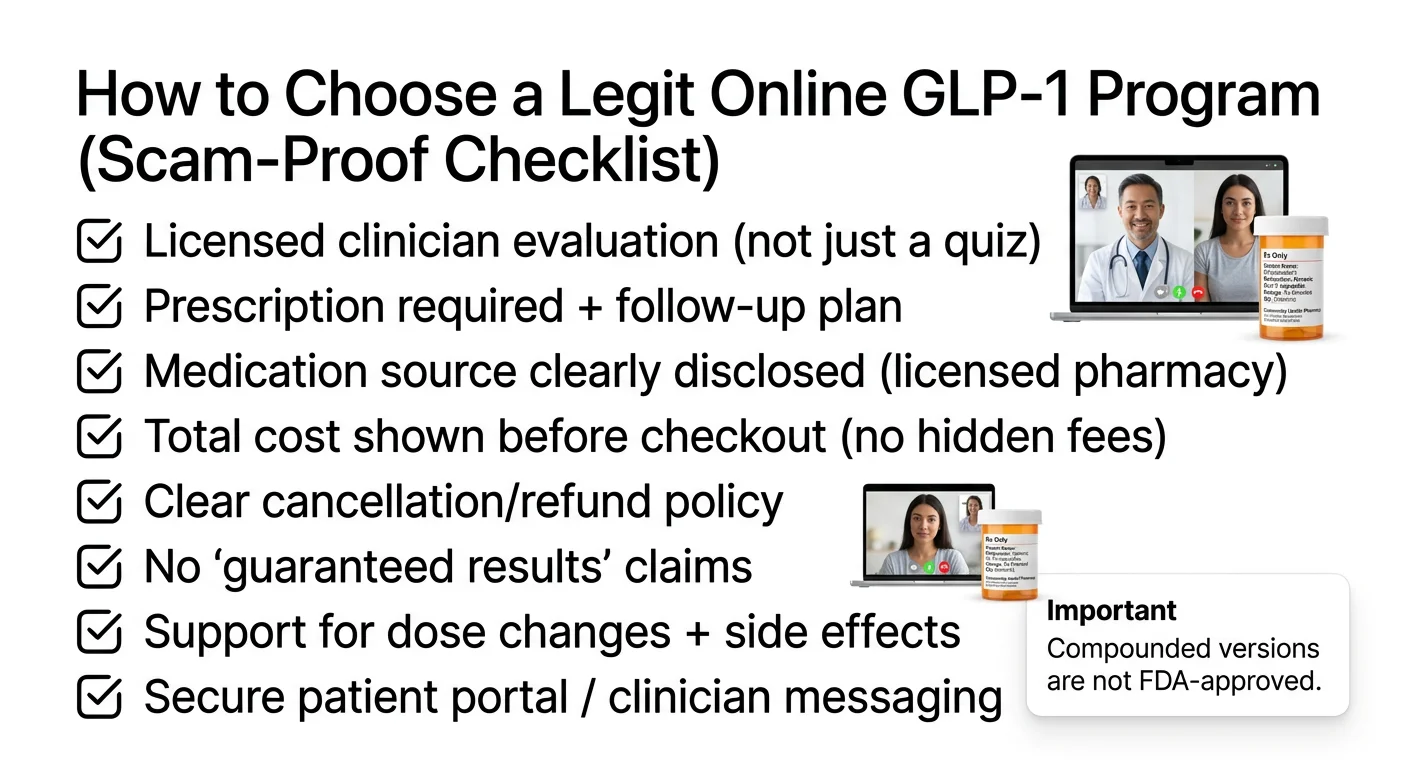 How to choose a legit online GLP-1 program: scam-proof checklist including licensed clinician evaluation, prescription required with follow-up plan, medication source clearly disclosed from licensed pharmacy, total cost shown before checkout, clear cancellation and refund policy, no guaranteed results claims, support for dose changes and side effects, and secure patient portal