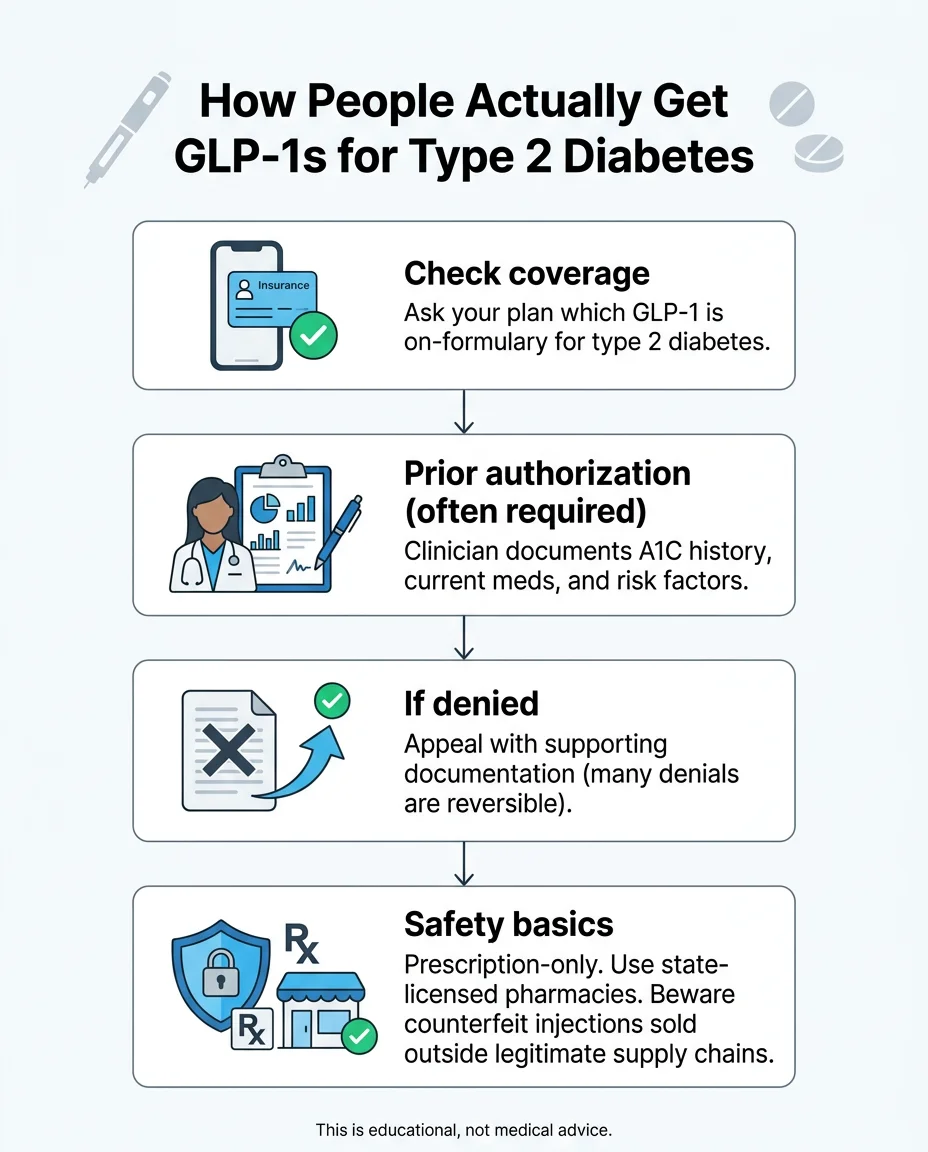 How to get GLP-1 medication for diabetes: insurance pathway vs telehealth pathway flowchart