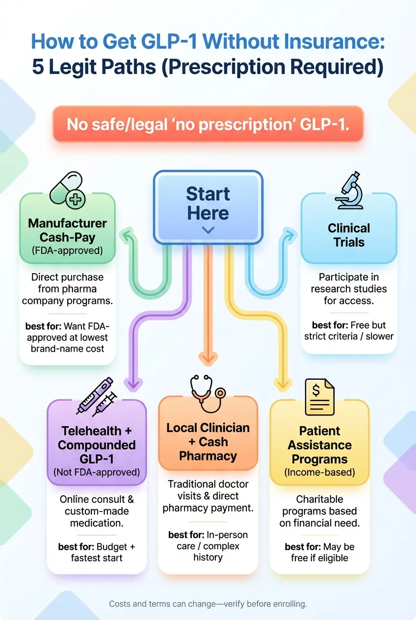Infographic showing the 5 legitimate ways to get GLP-1 without insurance, including manufacturer cash-pay, telehealth, local clinician, patient assistance, and clinical trials