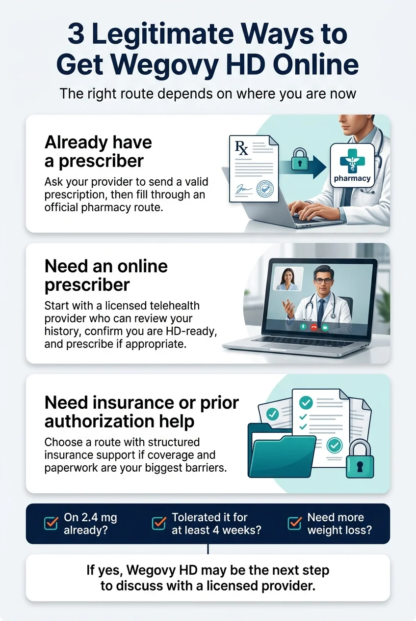 3 Legitimate Ways to Get Wegovy HD Online — The right route depends on where you are now. Path 1: Already have a prescriber — ask your provider to send a valid prescription, then fill through an official pharmacy route. Path 2: Need an online prescriber — start with a licensed telehealth provider who can review your history, confirm you are HD-ready, and prescribe if appropriate. Path 3: Need insurance or prior authorization help — choose a route with structured insurance support if coverage and paperwork are your biggest barriers. Footer: On 2.4 mg already? Tolerated it for at least 4 weeks? Need more weight loss? If yes, Wegovy HD may be the next step to discuss with a licensed provider.