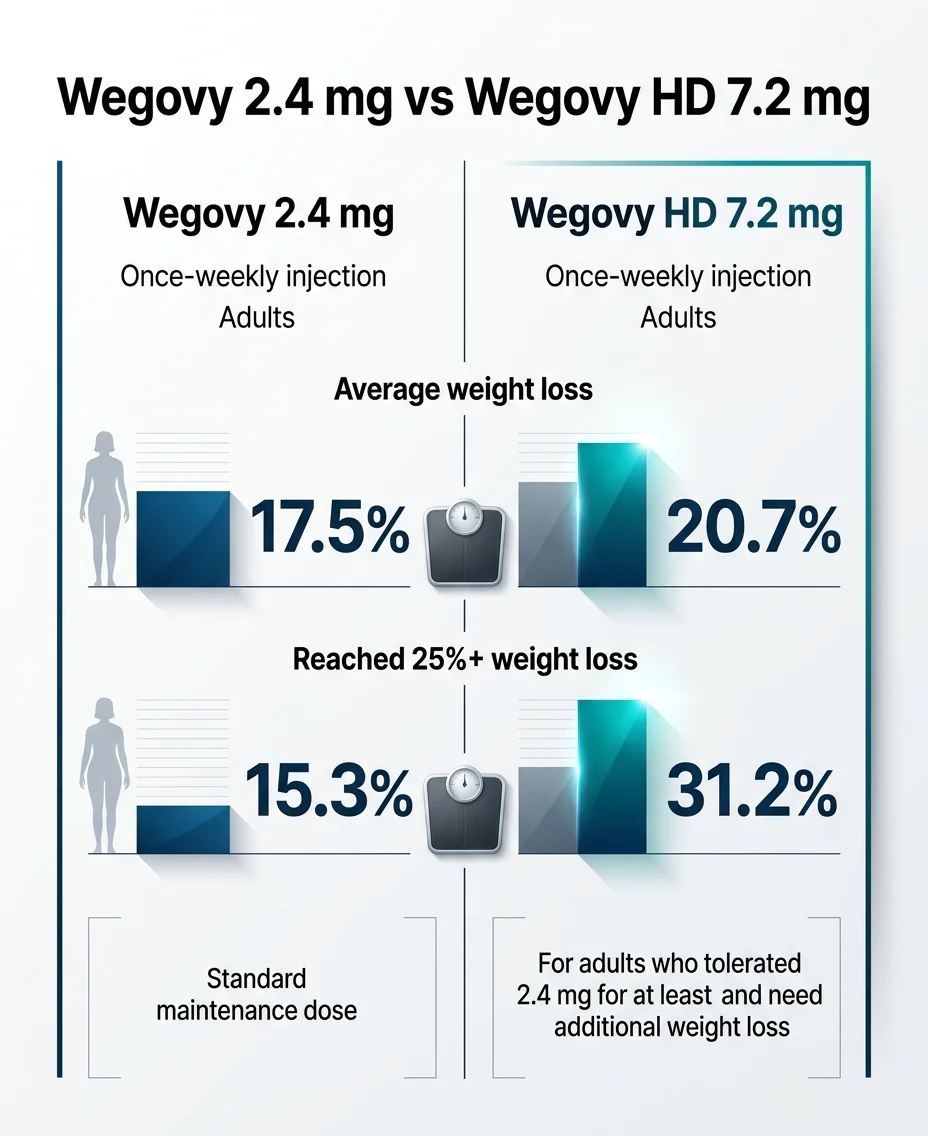 Wegovy 2.4 mg vs Wegovy HD 7.2 mg weight loss comparison from STEP UP trial. Both are once-weekly injections for adults. Average weight loss: Wegovy 2.4 mg = 17.5%, Wegovy HD 7.2 mg = 20.7%. Patients reaching 25%+ weight loss: Wegovy 2.4 mg = 15.3%, Wegovy HD 7.2 mg = 31.2%. Wegovy 2.4 mg is the standard maintenance dose. Wegovy HD is for adults who tolerated 2.4 mg for at least 4 weeks and need additional weight loss.