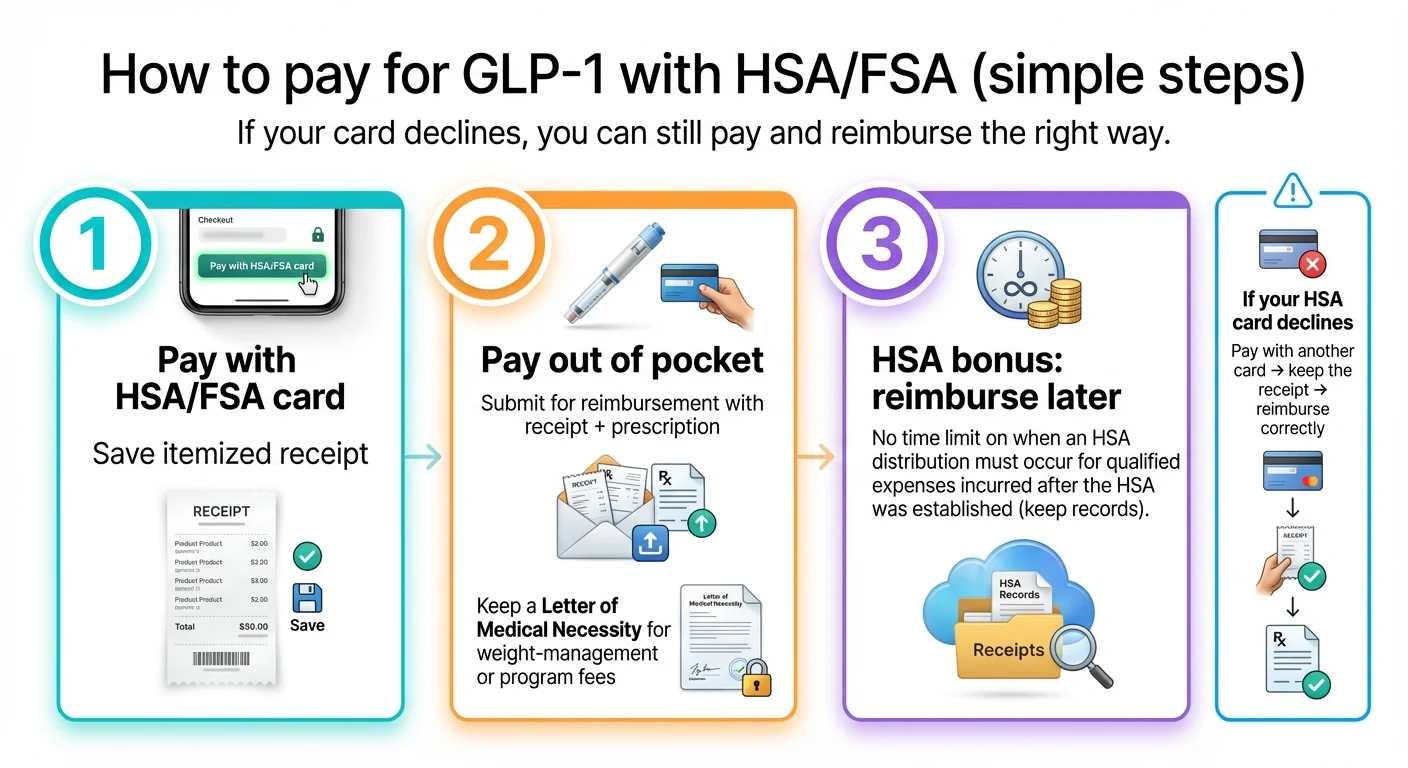 How to pay for GLP-1 with HSA/FSA in 3 simple steps: pay with HSA/FSA card, pay out of pocket and reimburse, or reimburse yourself later with no time limit for HSA