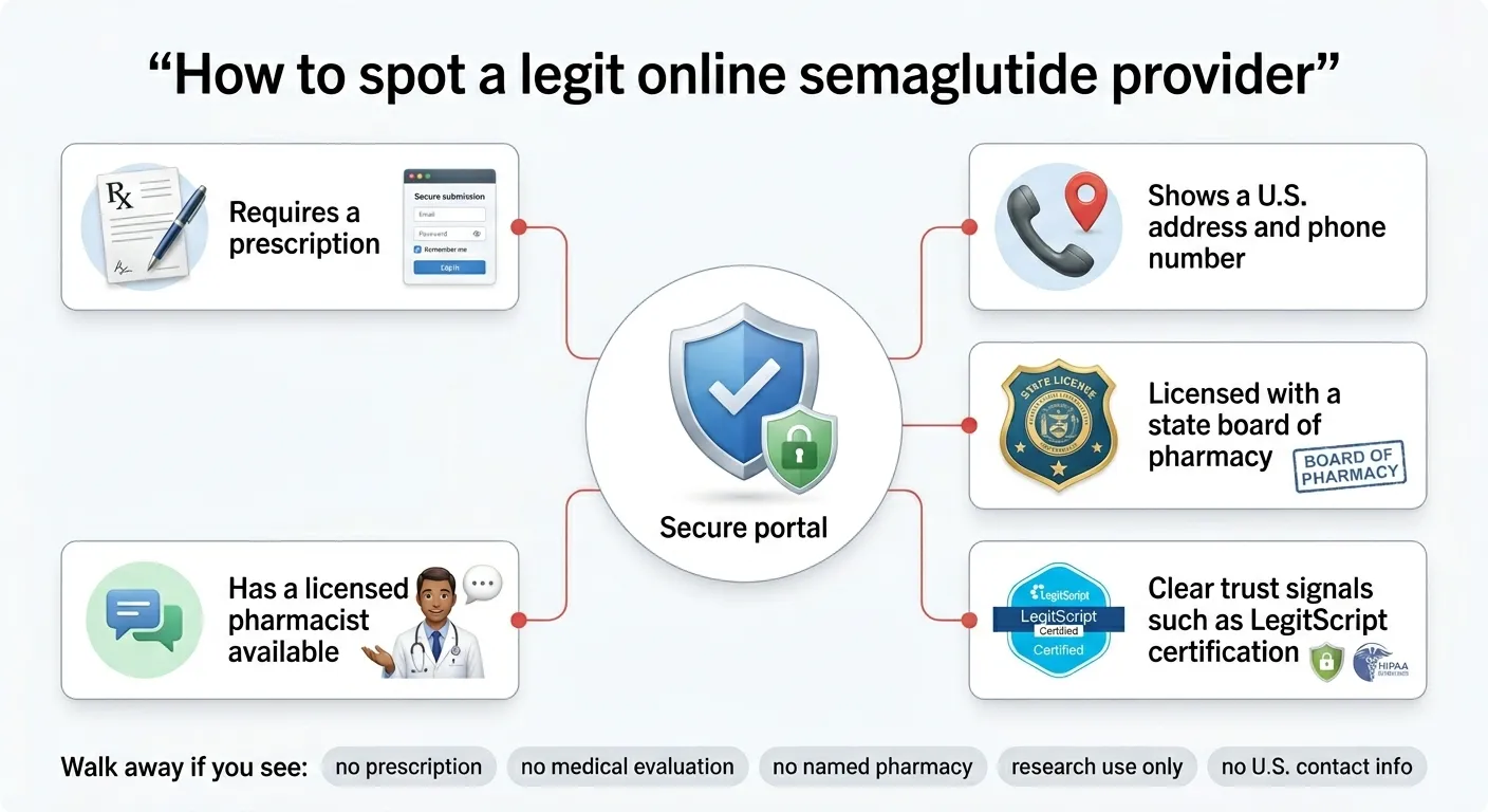 How to spot a legit online semaglutide provider: checklist showing key signals including requires a prescription, has a licensed pharmacist available, shows a U.S. address and phone number, is licensed with a state board of pharmacy, and has clear trust signals such as LegitScript certification