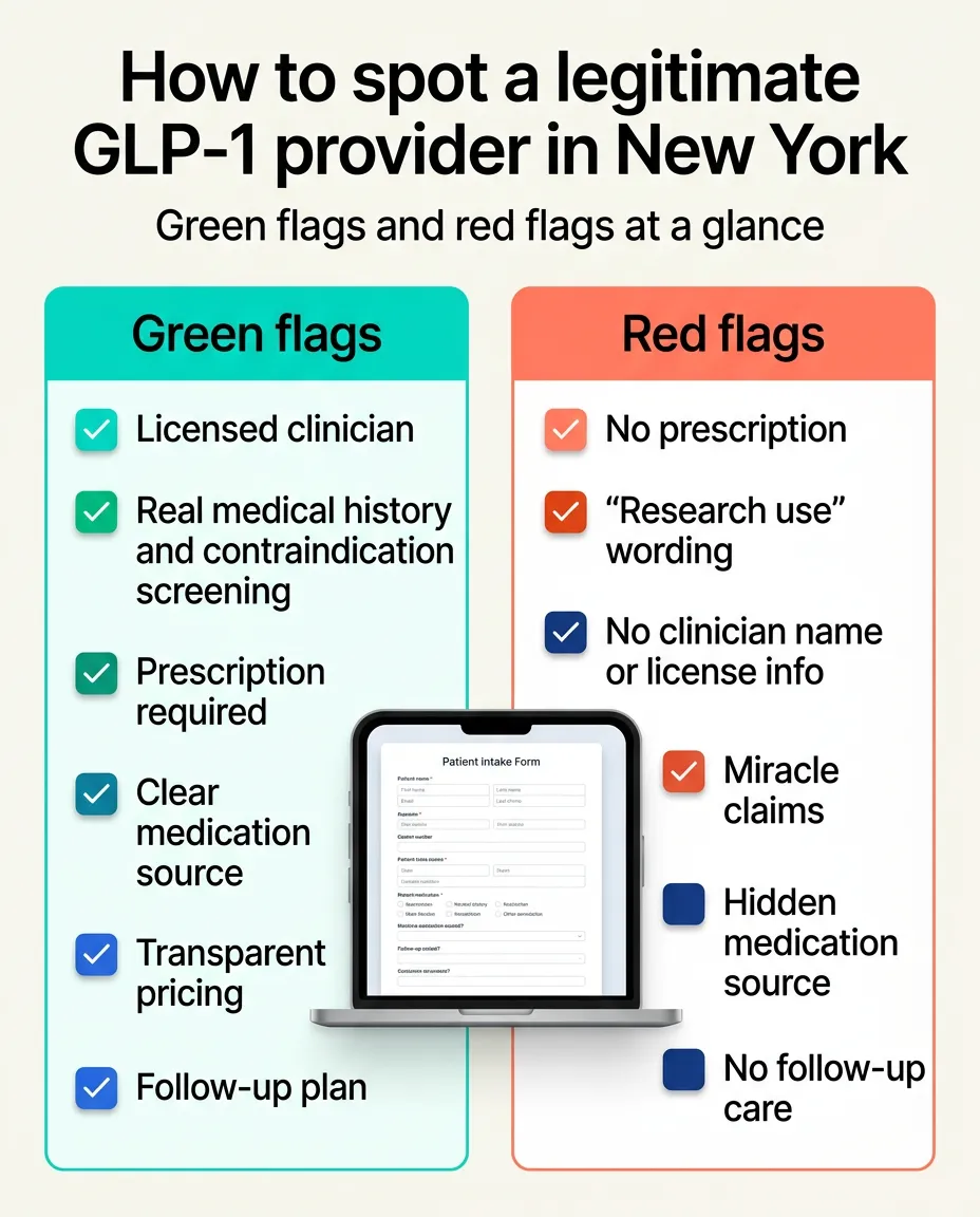 How to spot a legitimate GLP-1 provider in New York — green flags include licensed clinician, real medical history screening, prescription required, clear medication source, transparent pricing, and follow-up plan; red flags include no prescription, research use wording, no clinician name, miracle claims, hidden medication source, and no follow-up care