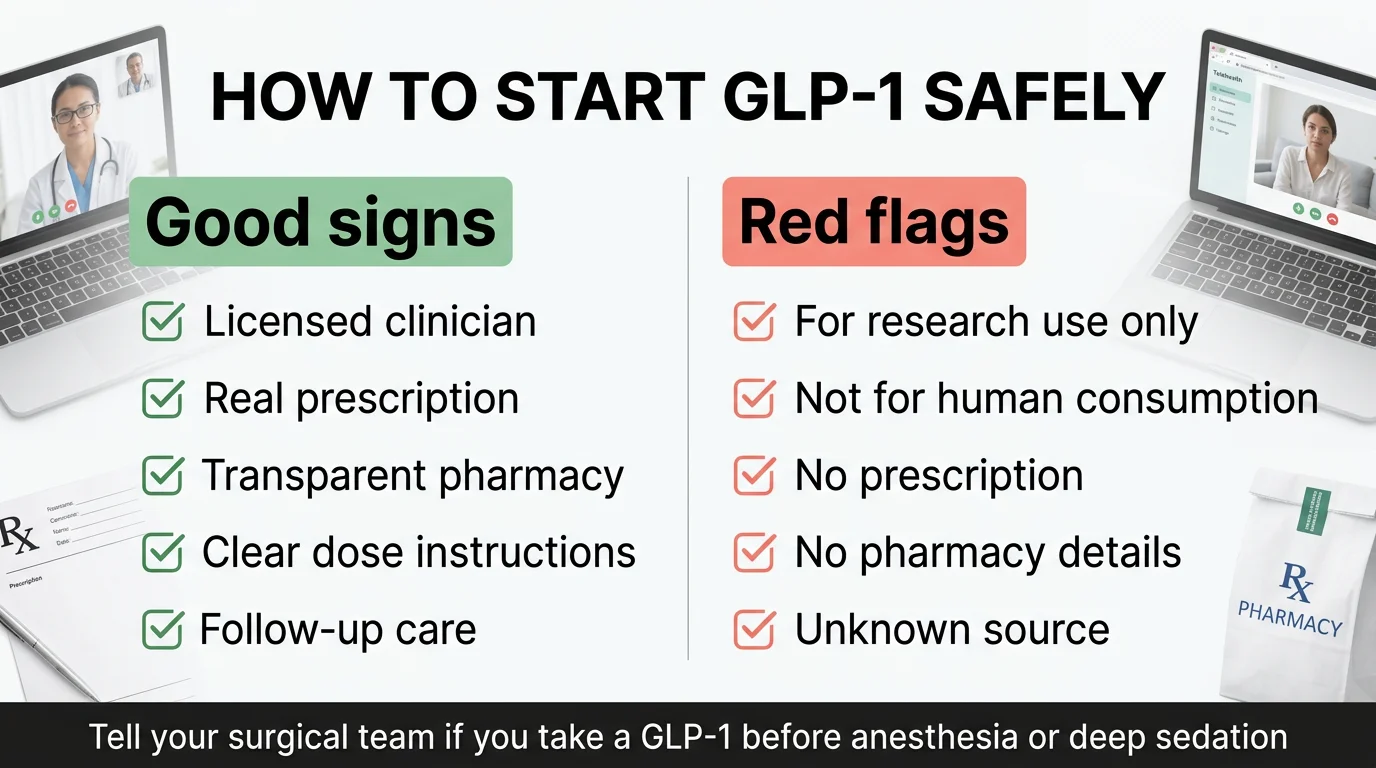 How to start GLP-1 safely showing good signs (licensed clinician, real prescription, transparent pharmacy, clear dose instructions, follow-up care) vs red flags (for research use only, not for human consumption, no prescription, no pharmacy details, unknown source)