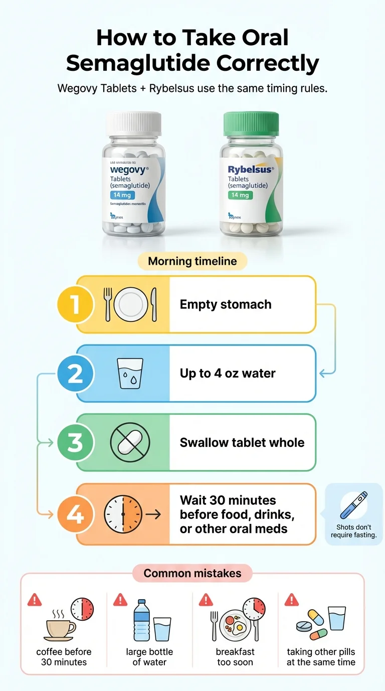 How to take oral semaglutide correctly — 4 step morning routine showing empty stomach, 4oz water, swallow whole, and 30 minute wait before food or other medications