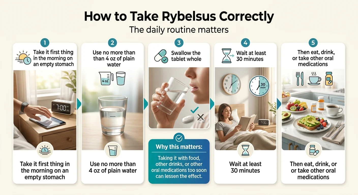 How to Take Rybelsus Correctly — The daily routine matters: Step 1: Take it first thing in the morning on an empty stomach. Step 2: Use no more than 4 oz of plain water. Step 3: Swallow the tablet whole — do not crush or chew. Step 4: Wait at least 30 minutes before eating, drinking, or taking other oral medications. Step 5: Then eat, drink, or take other oral medications. Why this matters: Taking it with food, other drinks, or other oral medications too soon can lessen the effect.
