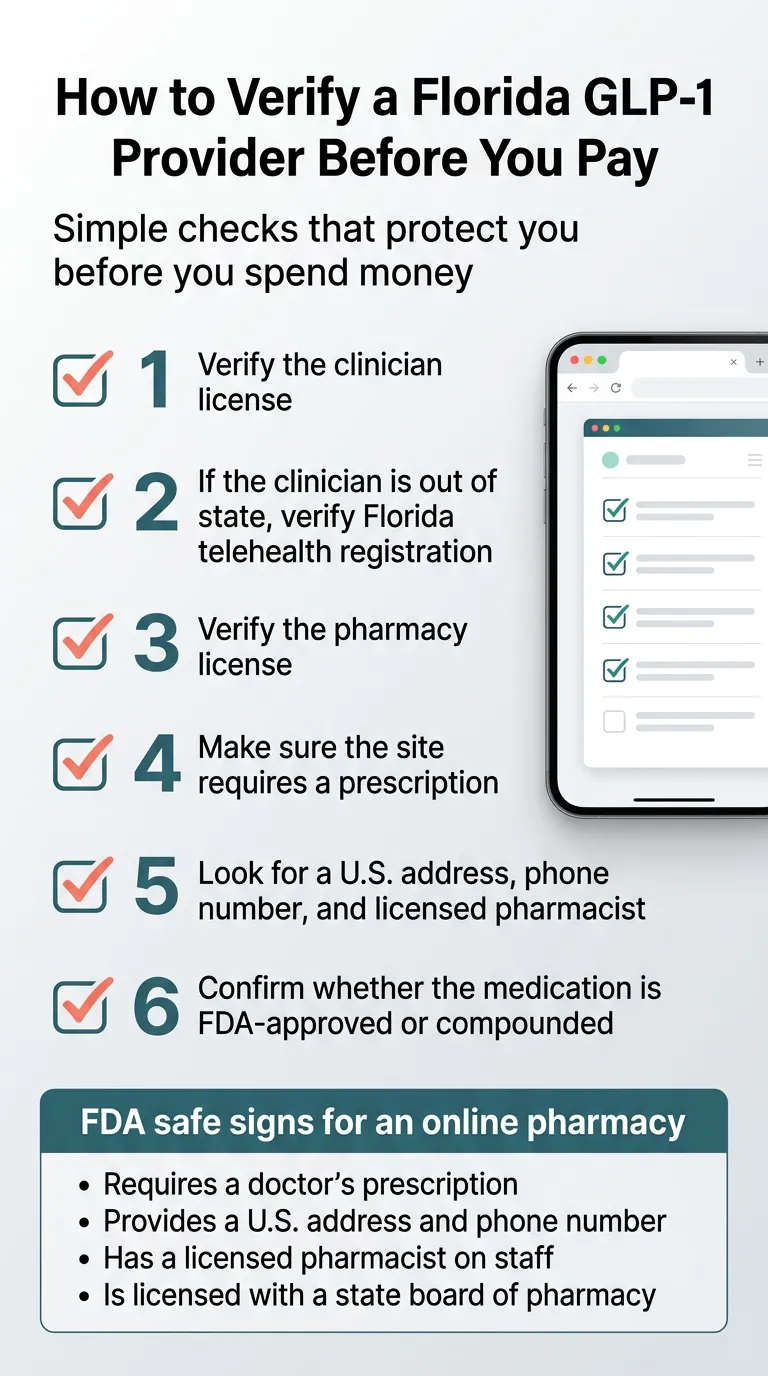 How to verify a Florida GLP-1 provider before you pay — 6 simple checks: verify the clinician license, verify Florida telehealth registration if out of state, verify the pharmacy license, make sure the site requires a prescription, look for a U.S. address phone number and licensed pharmacist, and confirm whether the medication is FDA-approved or compounded. FDA safe signs for an online pharmacy include requiring a doctor's prescription, providing a U.S. address and phone number, having a licensed pharmacist on staff, and being licensed with a state board of pharmacy.