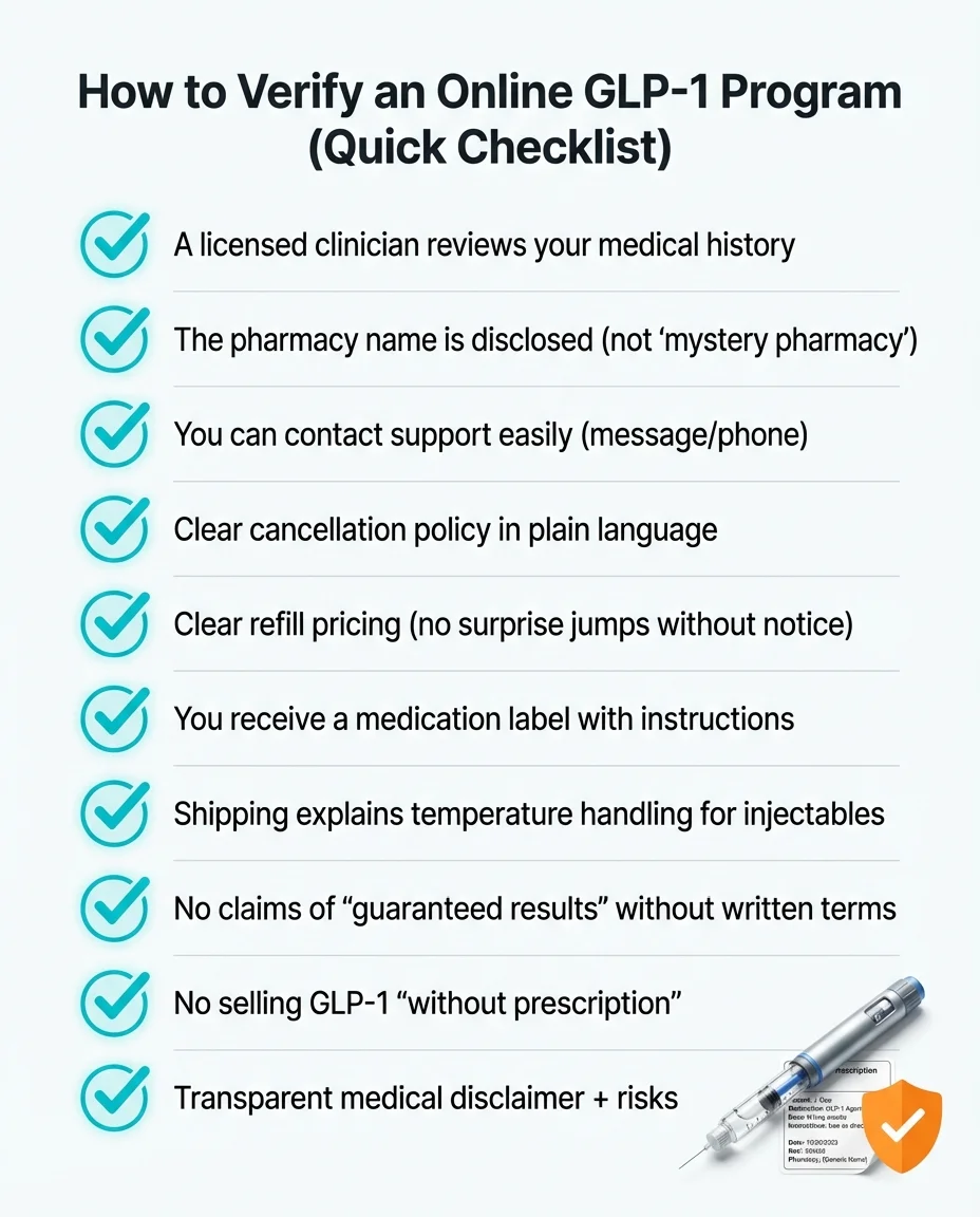 How to verify an online GLP-1 program quick checklist - 10 green flags to check including licensed clinician, named pharmacy, clear pricing, medication labels, and transparent disclaimers