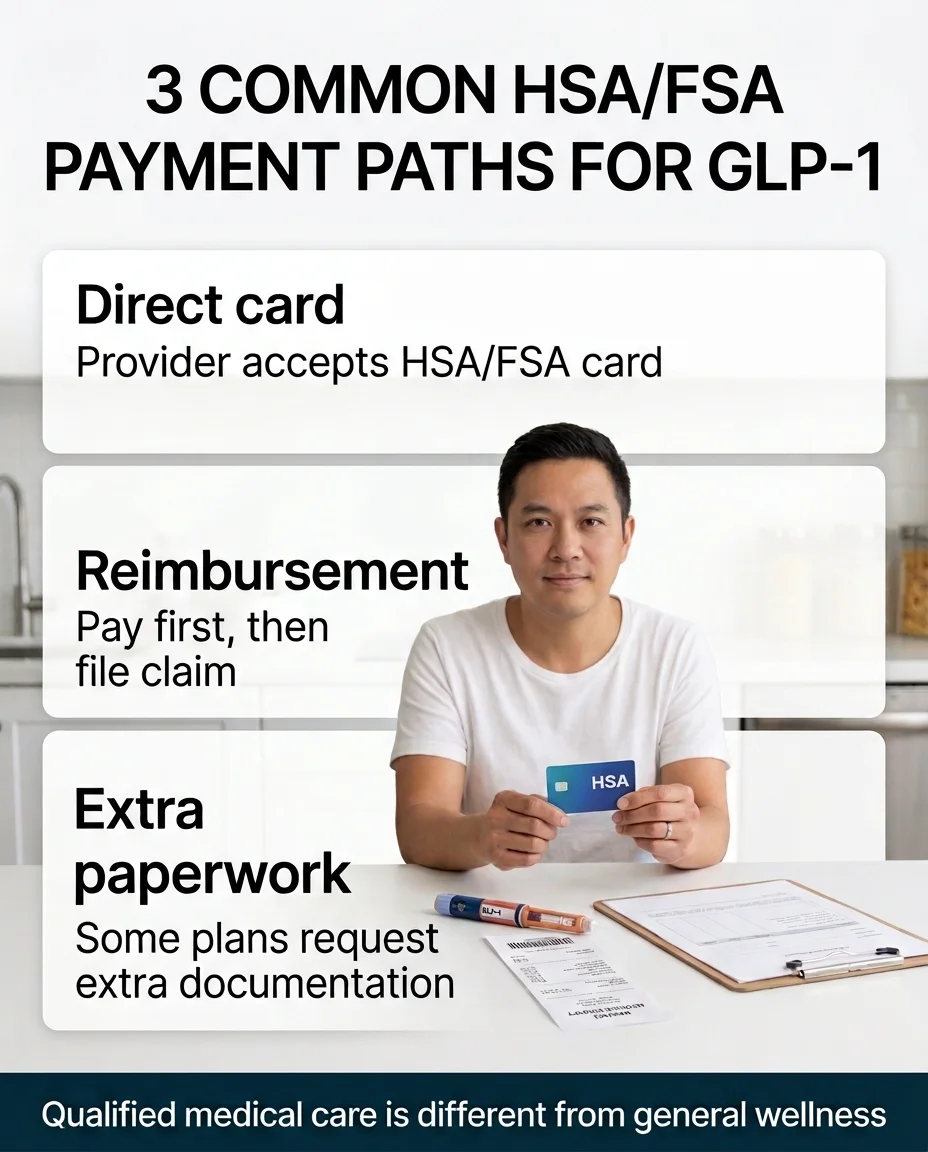 Three HSA/FSA payment paths for GLP-1 medications: direct card checkout, pay then reimburse, and eligible but documentation on you