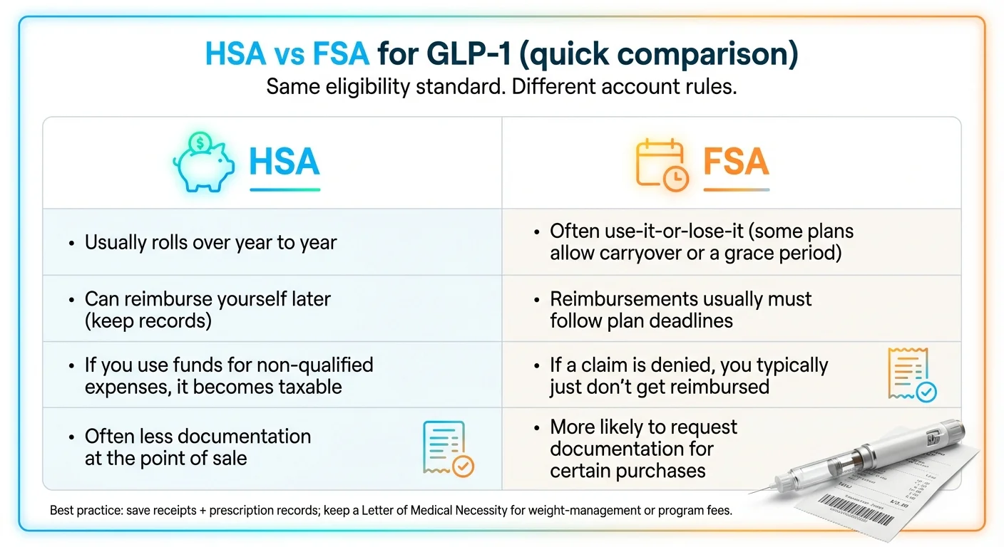 HSA vs FSA for GLP-1 quick comparison chart: HSA rolls over year to year and allows later reimbursement, FSA is use-it-or-lose-it but has no penalty for denied claims