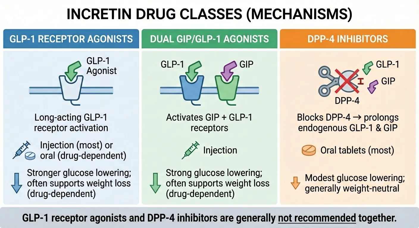 Incretin drug classes comparison showing three mechanisms: GLP-1 receptor agonists that provide long-acting GLP-1 receptor activation, dual GIP/GLP-1 agonists that activate both receptors, and DPP-4 inhibitors that block the enzyme to prolong endogenous GLP-1 and GIP