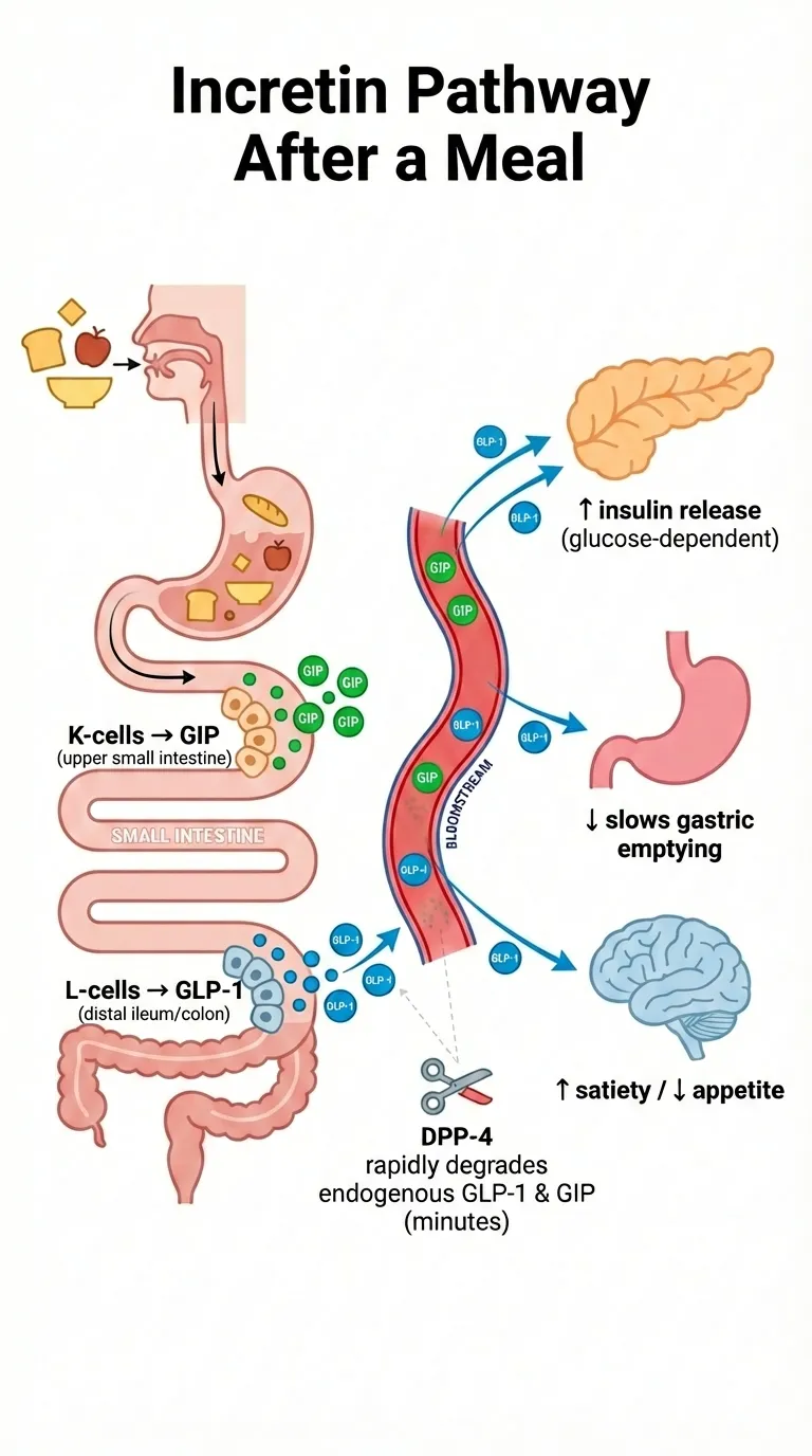 Incretin pathway after a meal showing how K-cells release GIP and L-cells release GLP-1, which travel through the bloodstream to increase insulin release, slow gastric emptying, and reduce appetite