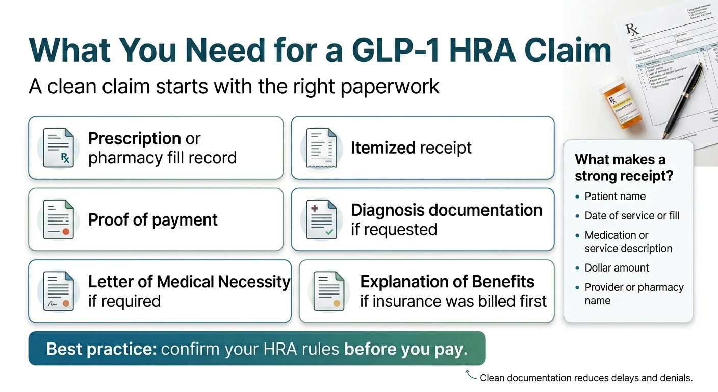 What you need for a GLP-1 HRA claim: documentation checklist including prescription, itemized receipt, proof of payment, Letter of Medical Necessity, and Explanation of Benefits