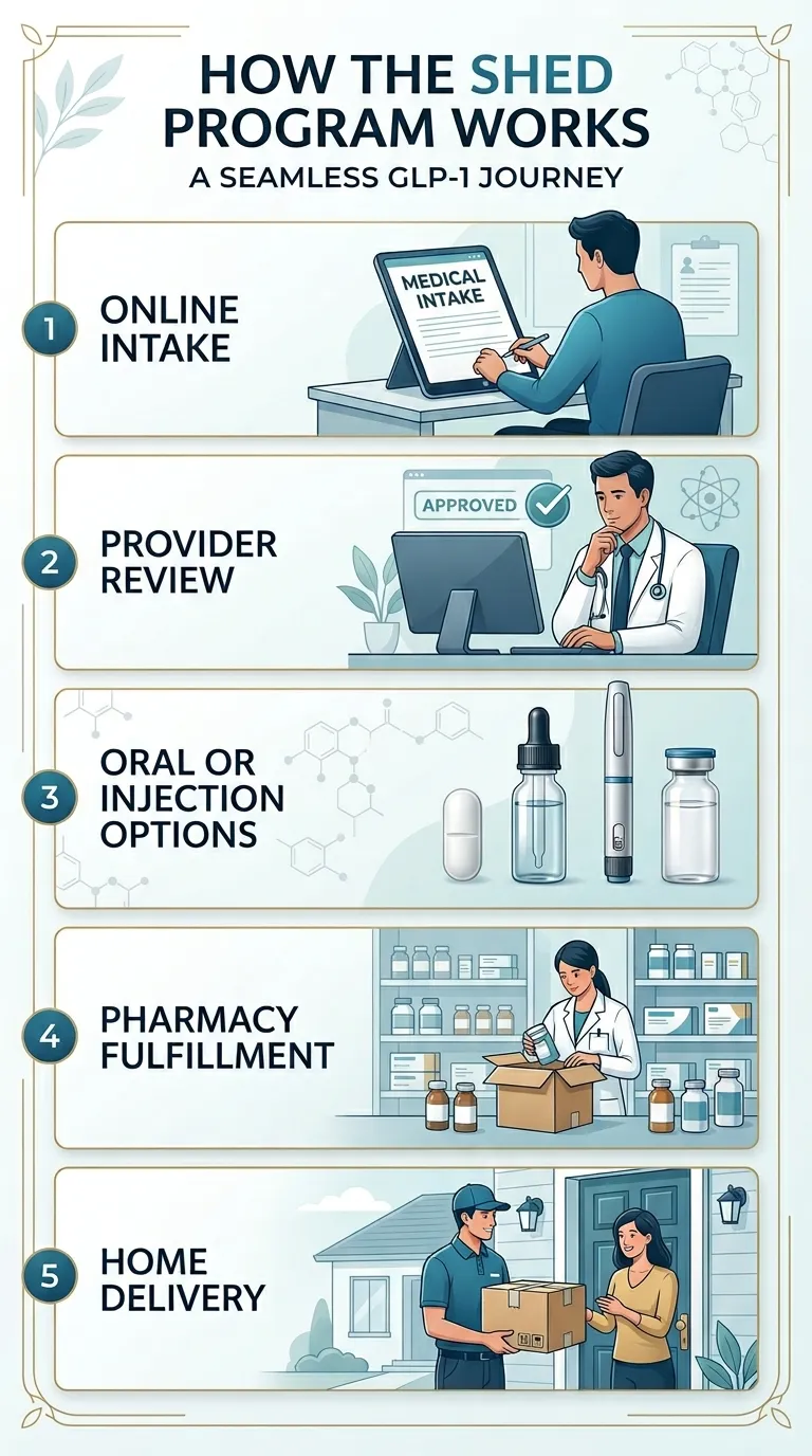 How the SHED GLP-1 program works: step 1 online intake, step 2 provider review and approval, step 3 oral or injection medication options, step 4 pharmacy fulfillment, step 5 home delivery
