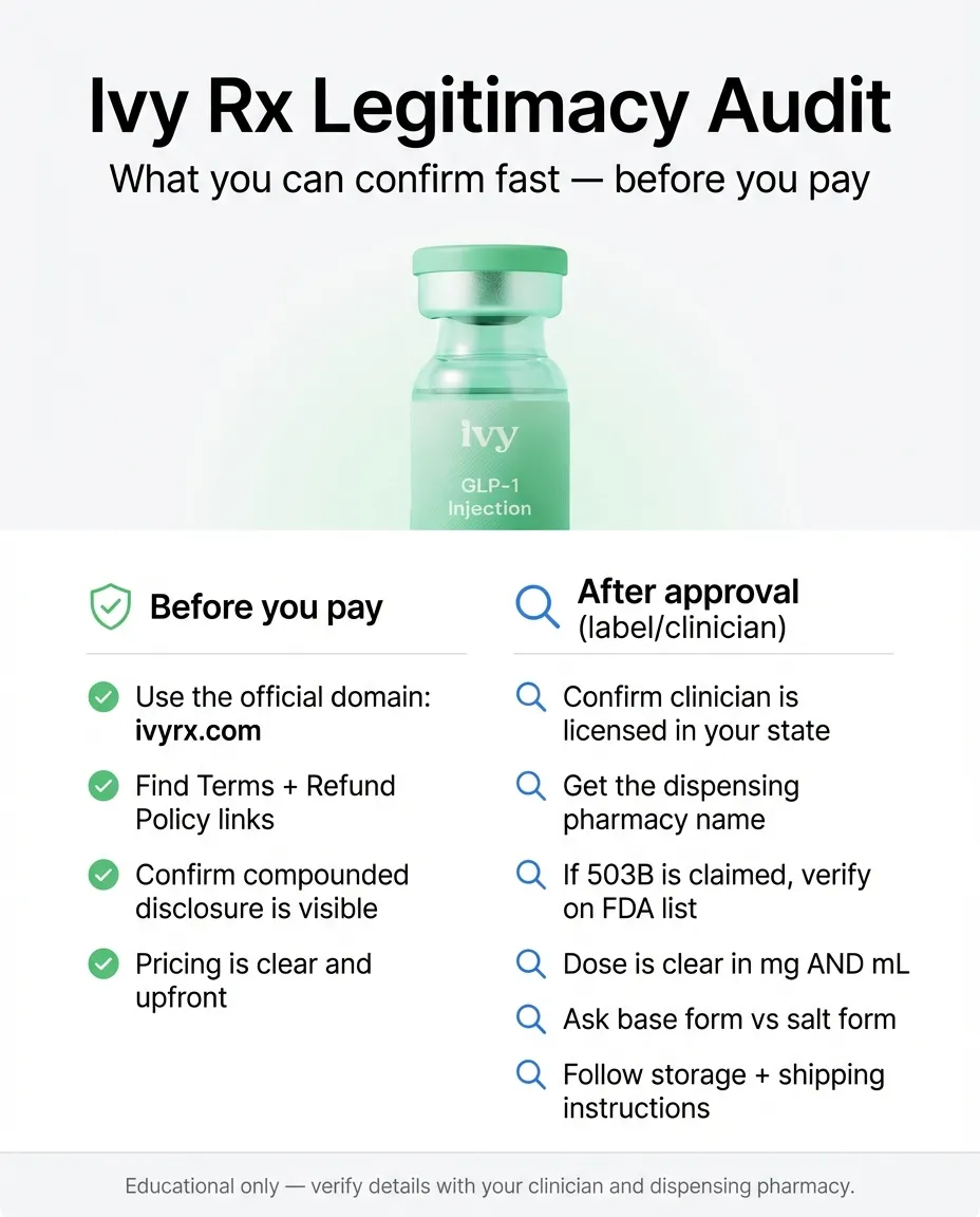 Ivy RX legitimacy audit checklist - what to confirm before you pay and after approval, including pharmacy verification and dose clarity