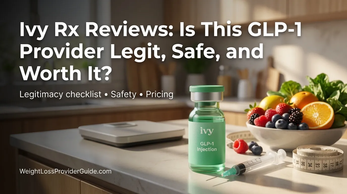 Ivy RX Reviews: Is This GLP-1 Provider Legit, Safe, and Worth It? - GLP-1 injection vial with legitimacy checklist, safety information, and pricing details