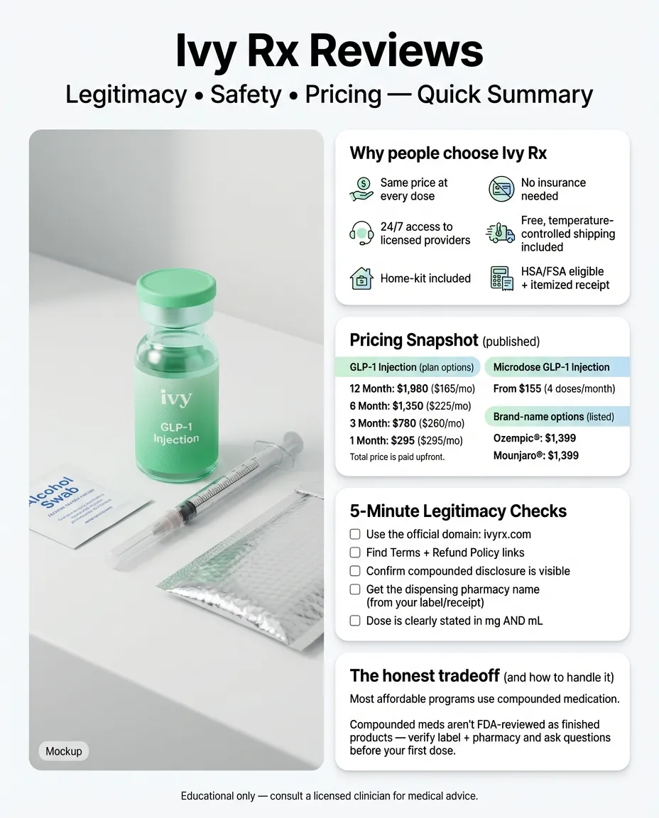 Ivy RX Reviews quick summary - legitimacy, safety, pricing overview with why people choose Ivy Rx, pricing snapshot, 5-minute legitimacy checks, and the honest tradeoff