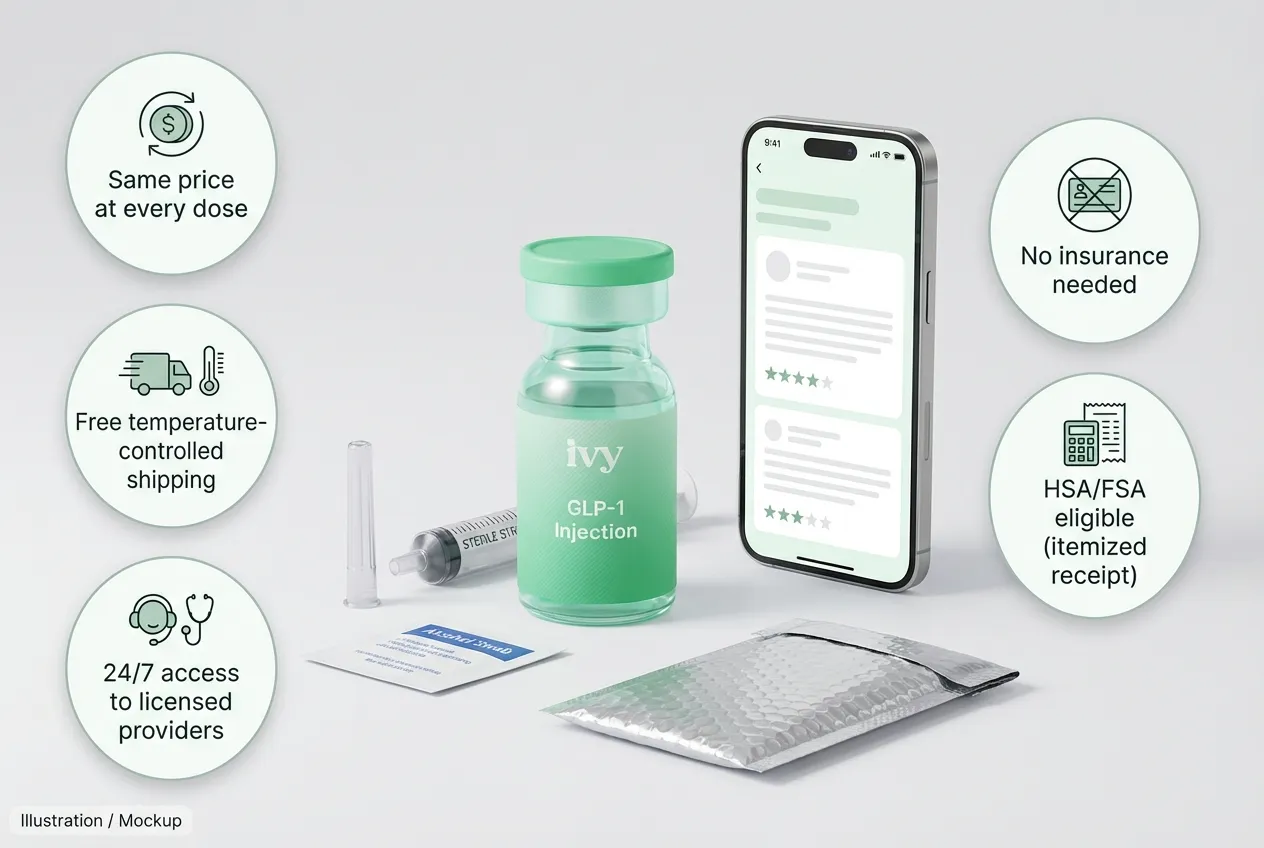 Ivy RX shipping kit and features: same price at every dose, free temperature-controlled shipping, 24/7 access to licensed providers, no insurance needed, HSA/FSA eligible