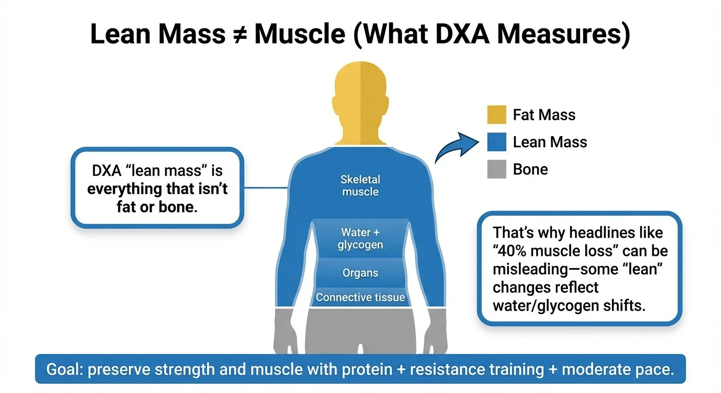 DXA lean mass explained - lean mass includes skeletal muscle, water, glycogen, organs, and connective tissue, not just muscle