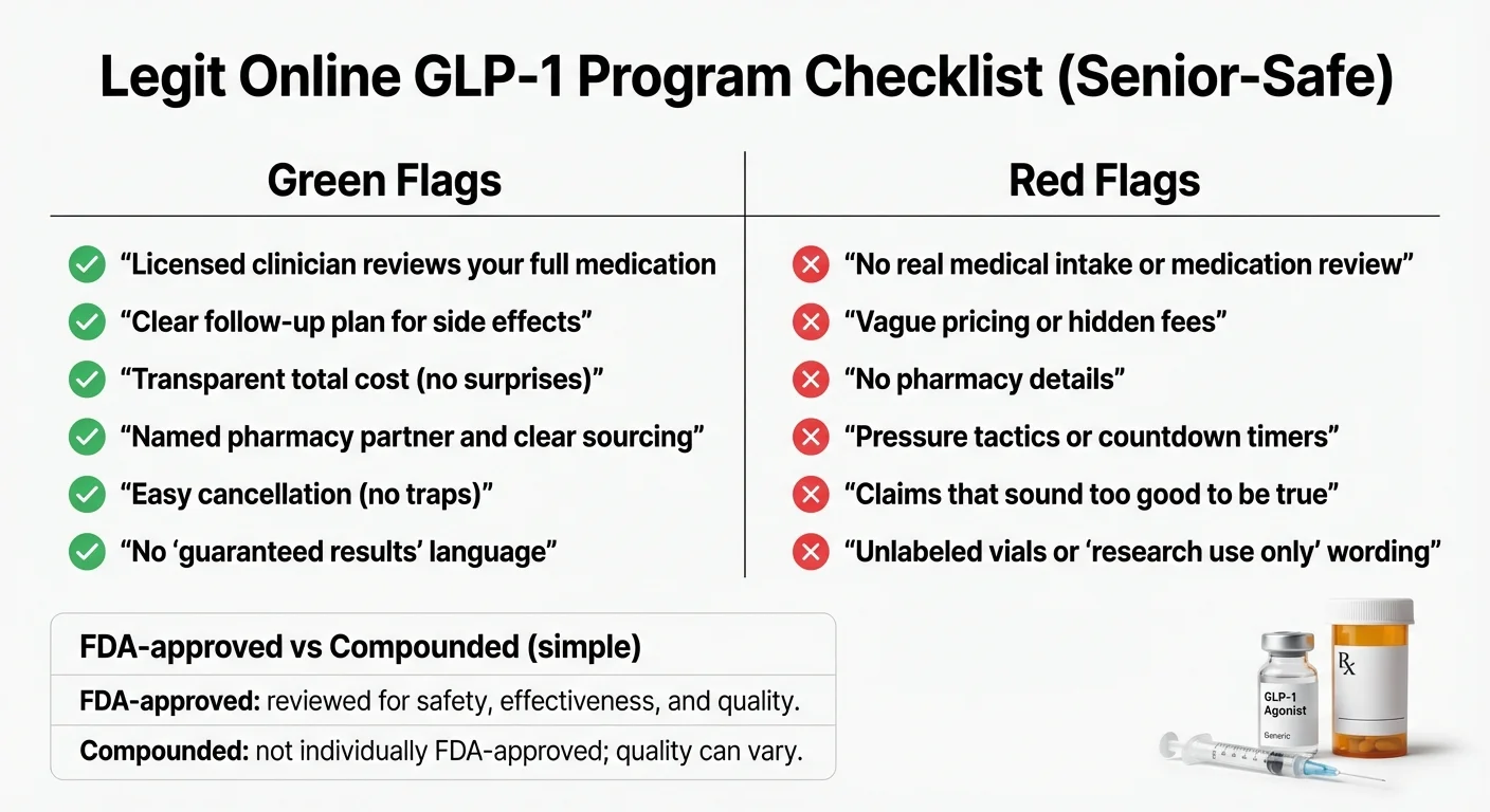 Five-point checklist for verifying legitimate GLP-1 programs for seniors