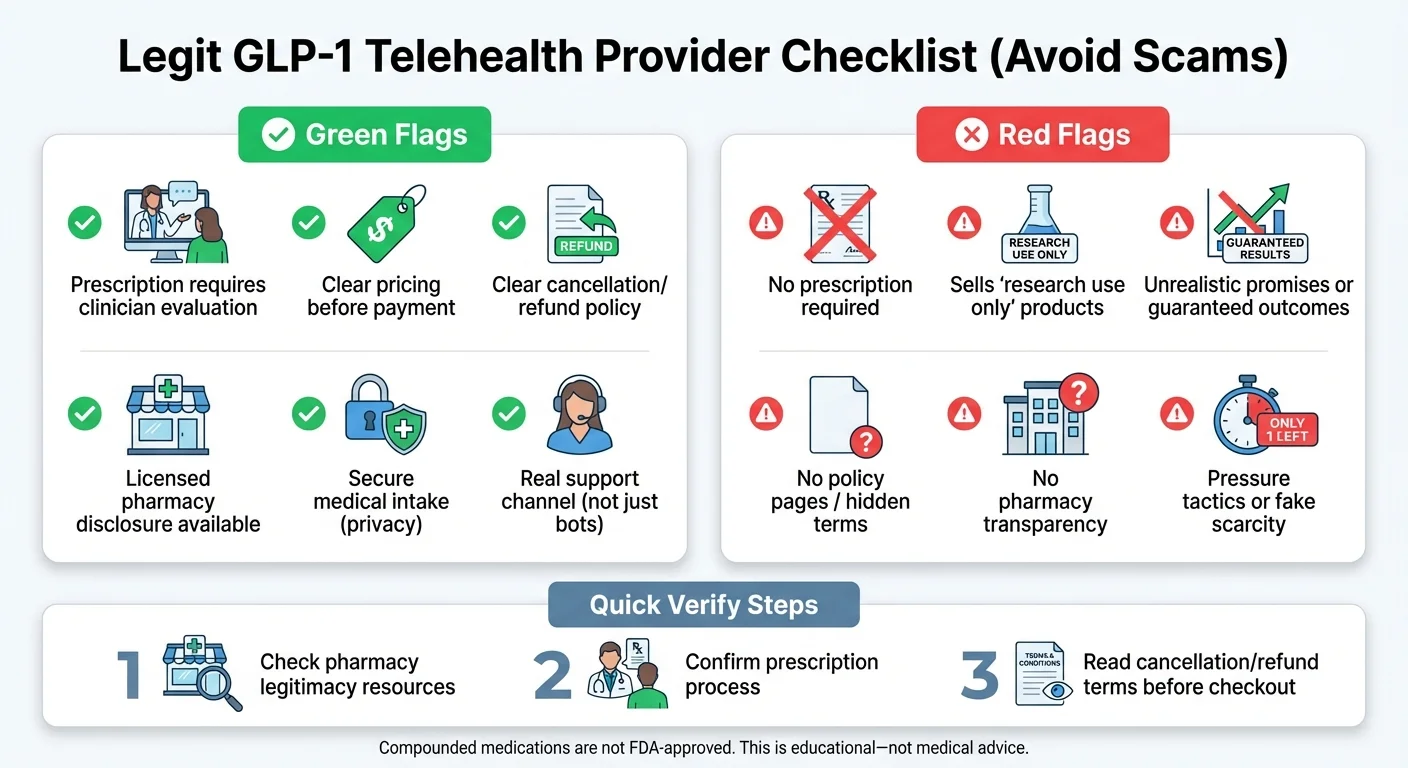 Legit GLP-1 telehealth provider checklist: Green flags include prescription required, clear pricing, licensed pharmacy disclosure, real support channels. Red flags include no prescription required, research use only products, no pharmacy transparency, pressure tactics