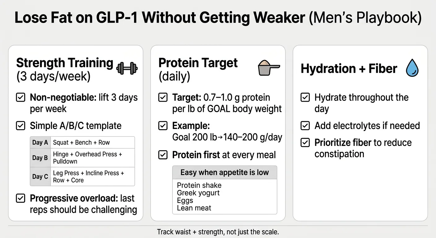 Men's GLP-1 muscle preservation playbook showing 3 pillars: strength training 3 days per week with compound movements, protein target of 0.7-1.0g per pound of goal body weight, and hydration plus fiber for reducing constipation
