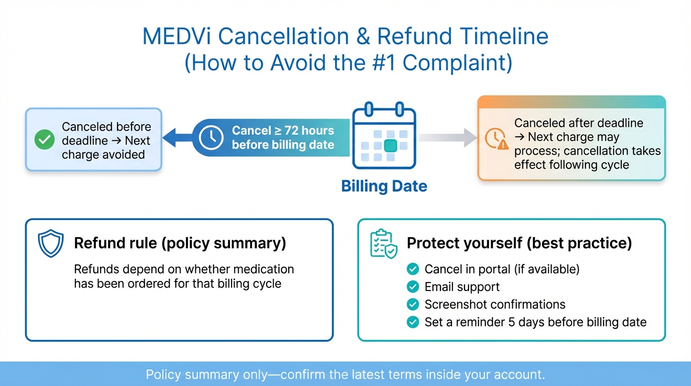 MEDVi Cancellation and Refund Timeline infographic showing cancel at least 72 hours before billing date to avoid next charge, refund rule depends on whether medication has been ordered, protect yourself by canceling in portal, emailing support, taking screenshots, and setting calendar reminder 5 days before billing date