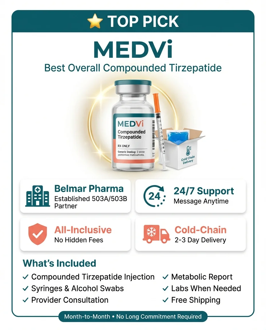 MEDVi Compounded Tirzepatide Provider: Belmar Pharma Partnership (503A/503B), 24/7 Support, All-Inclusive Pricing, Cold-Chain 2-3 Day Delivery. Includes: Tirzepatide Injection, Syringes, Alcohol Swabs, Provider Consultation, Metabolic Report, Labs When Needed, Free Shipping. Month-to-Month, No Commitment.