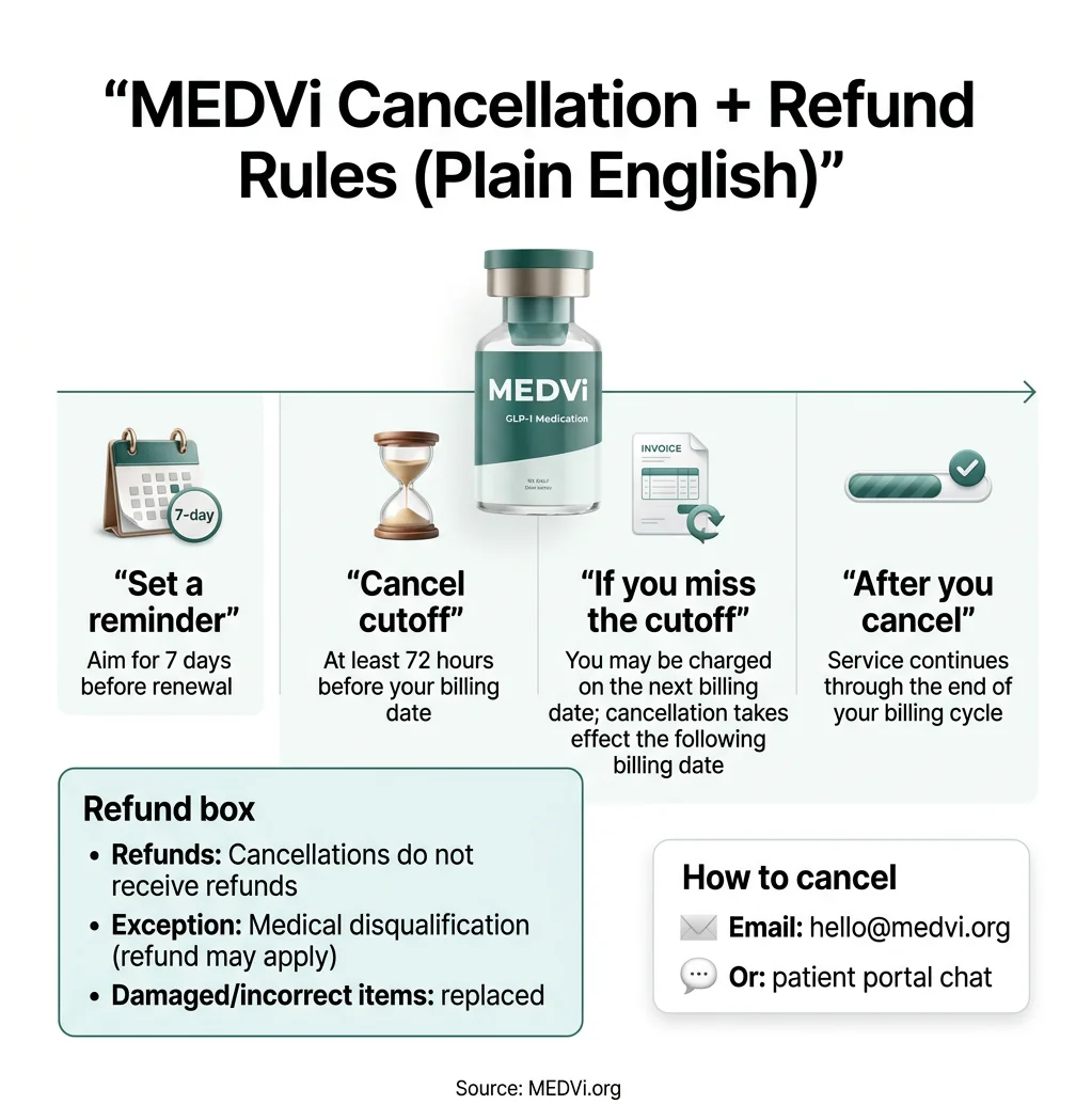 MEDVi cancellation and refund rules in plain English showing 72-hour cutoff, how to cancel via email or portal, and refund policy details