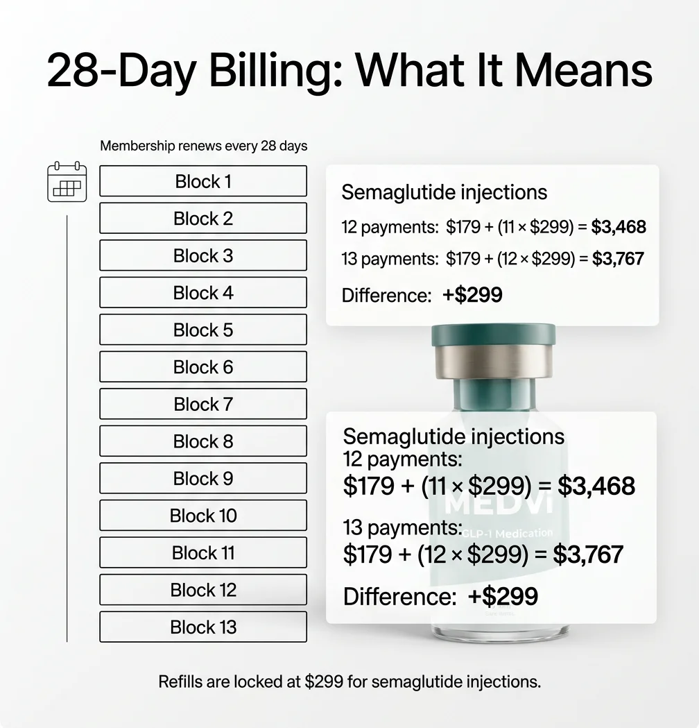 MEDVi 28-day billing cycle explained showing 13 payments per year versus 12 with semaglutide injection cost breakdown