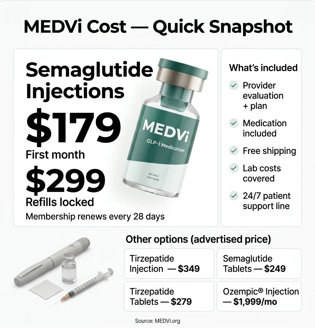 MEDVi cost quick snapshot showing semaglutide injections at $179 first month and $299 refills with what is included in every plan