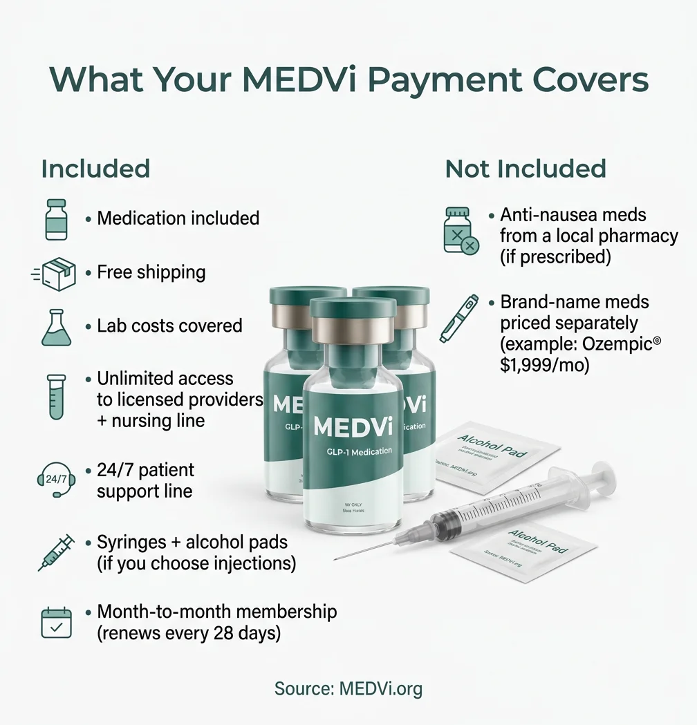 What your MEDVi payment covers including medication, free shipping, lab costs, unlimited provider access, 24/7 support line, and syringes