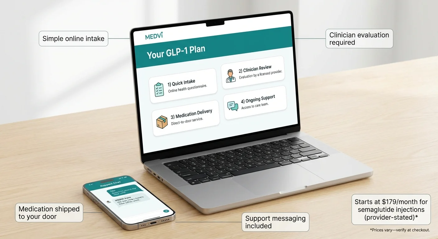 MEDVi GLP-1 plan process: Simple online intake, clinician evaluation, medication delivery to your door, and ongoing support messaging included at $179/month