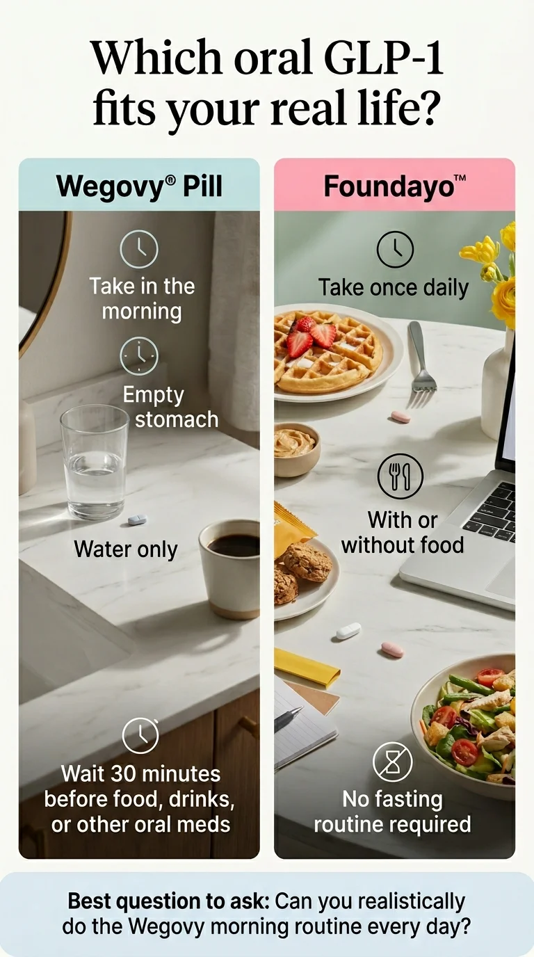 Which oral GLP-1 fits your real life: Wegovy pill requires empty stomach in the morning, 30 minutes before food or drinks; Foundayo (orforglipron) can be taken any time of day, with or without food \u2014 no fasting routine required