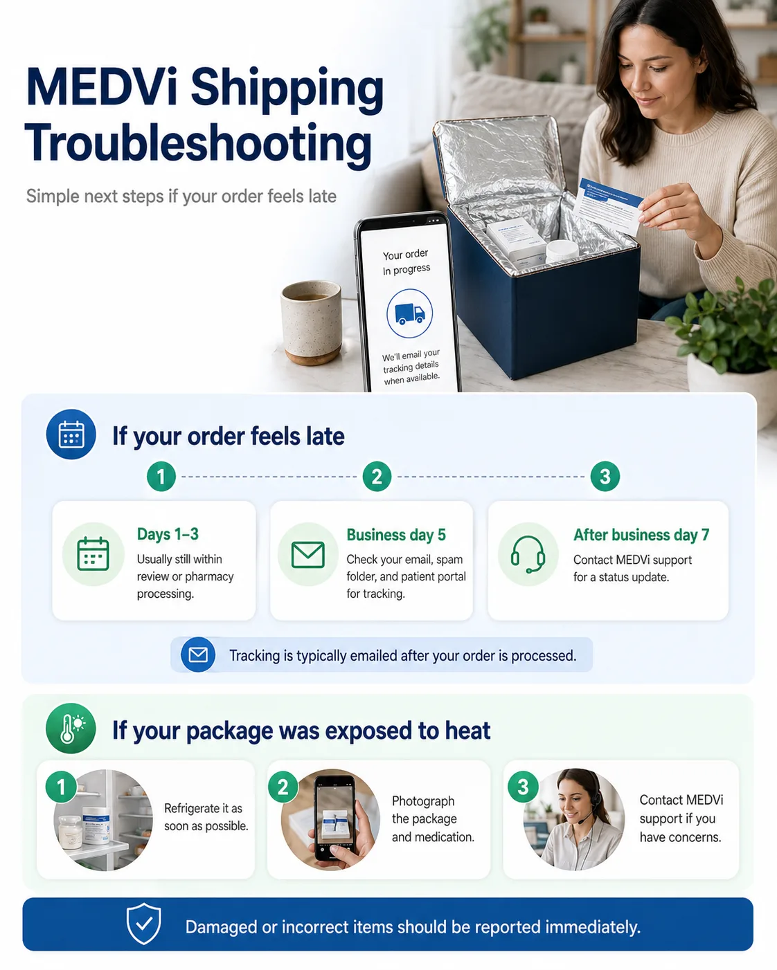 MEDVi Shipping Troubleshooting infographic. Headline: 'MEDVi Shipping Troubleshooting \u2014 Simple next steps if your order feels late.' Top photo: woman checking an insulated cold-chain delivery box with a phone showing 'Your order in progress \u2014 We'll email your tracking details when available.' Section 1: 'If your order feels late' \u2014 three steps in a horizontal flow: Days 1\u20133 (usually still within review or pharmacy processing), Business day 5 (check your email, spam folder, and patient portal for tracking), After business day 7 (contact MEDVi support for a status update). Blue callout: 'Tracking is typically emailed after your order is processed.' Section 2: 'If your package was exposed to heat' \u2014 three steps: Step 1: Refrigerate it as soon as possible. Step 2: Photograph the package and medication. Step 3: Contact MEDVi support if you have concerns. Bottom blue panel: 'Damaged or incorrect items should be reported immediately.'