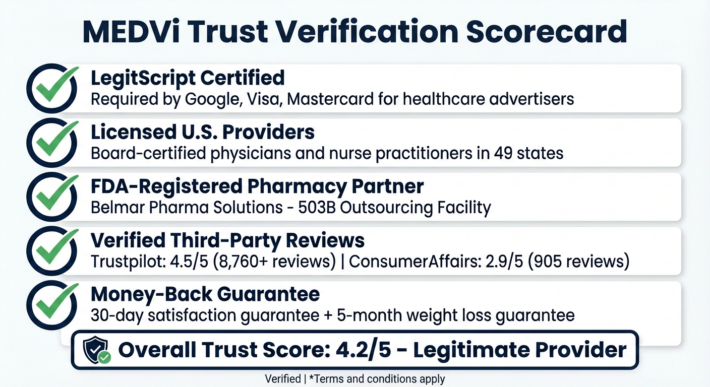 MEDVi Trust Verification Scorecard showing LegitScript Certified, Licensed U.S. Providers in 49 states, FDA-Registered Pharmacy Partners, Verified Third-Party Reviews 4.5/5 Trustpilot with 8,760+ reviews, Money-Back Guarantee - WPG internal verification checklist (not a customer rating)