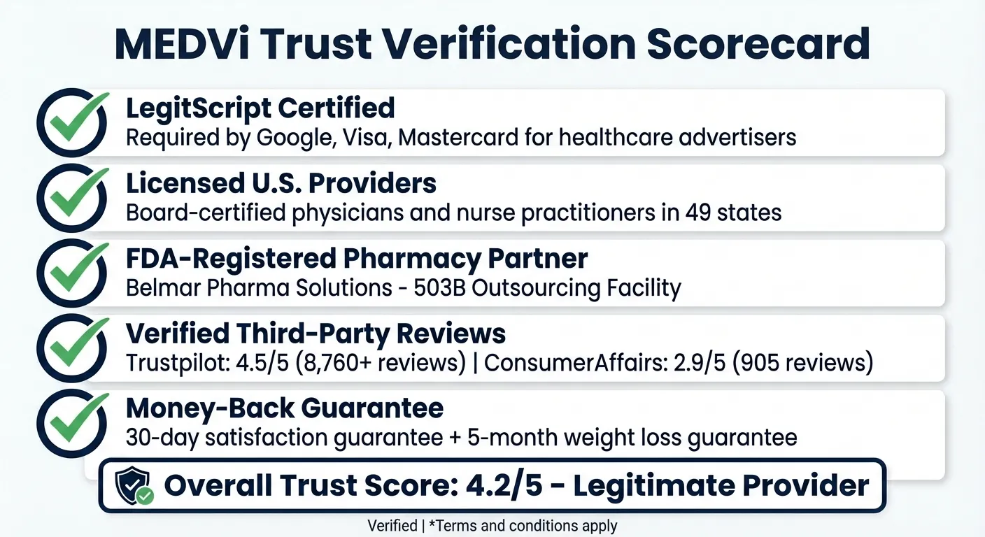 MEDVi Trust Verification Scorecard showing LegitScript Certified, Licensed U.S. Providers in 49 states, FDA-Registered Pharmacy Partners, Verified Third-Party Reviews 4.4-4.5/5 Trustpilot with 11,498+ reviews and ConsumerAffairs 3.6/5 with 1,597 reviews, Money-Back Guarantee - WPG internal verification checklist (not a customer rating)