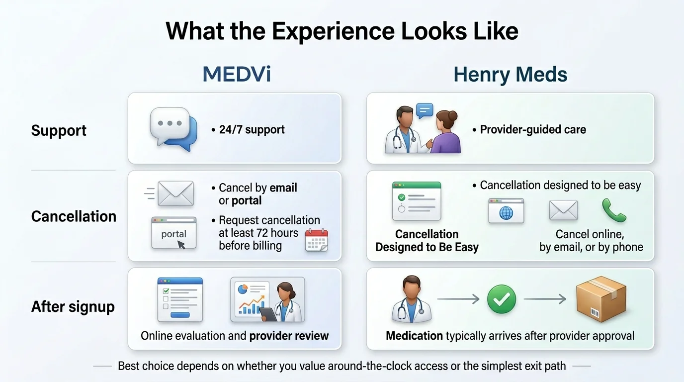What the experience looks like: Support — MEDVi has 24/7 support; Henry Meds has provider-guided care. Cancellation — MEDVi requires cancellation by email or portal at least 72 hours before billing; Henry Meds cancellation is designed to be easy with online, email, or phone options. After signup — MEDVi has online evaluation and provider review; Henry Meds medication typically arrives after provider approval. Best choice depends on whether you value around-the-clock access or the simplest exit path.