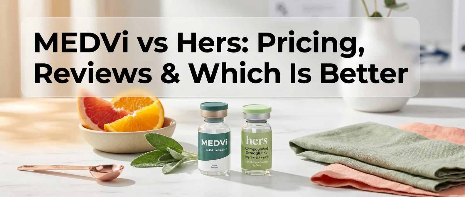 MEDVi vs Hers comparison showing side-by-side analysis of GLP-1 weight loss programs for 2026