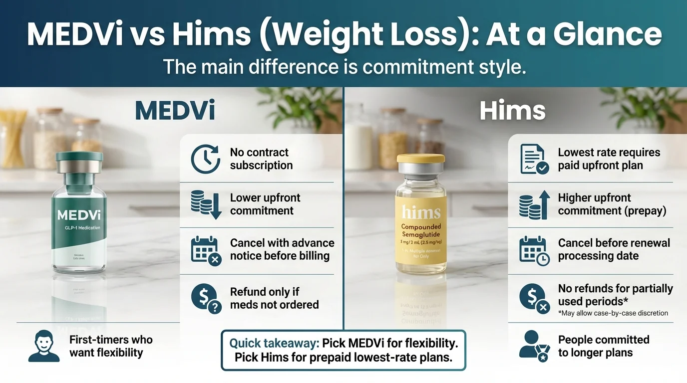 MEDVi vs Hims at-a-glance infographic comparing pricing, features, and key differences
