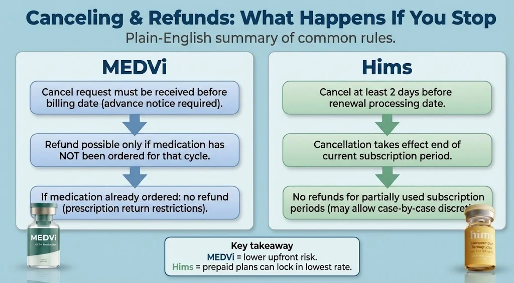 MEDVi vs Hims cancellation and refund policy comparison flowchart