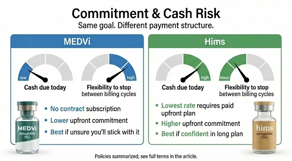 MEDVi vs Hims commitment and cash risk comparison showing upfront costs and flexibility differences