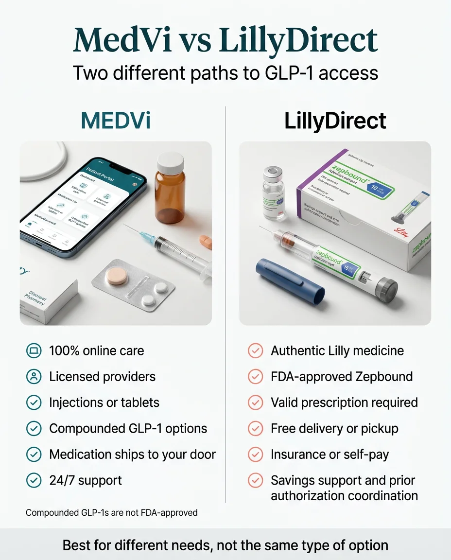 MedVi vs LillyDirect side-by-side comparison infographic showing two different paths to GLP-1 access with key features of each platform