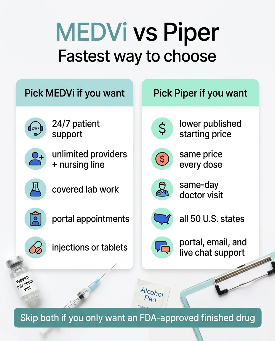 MEDVi vs Piper fastest way to choose: MEDVi offers 24/7 support, unlimited providers, covered lab work, portal appointments, and injections or tablets. Piper offers lower starting price, same price every dose, same-day doctor visit, all 50 states, and portal email and live chat support.