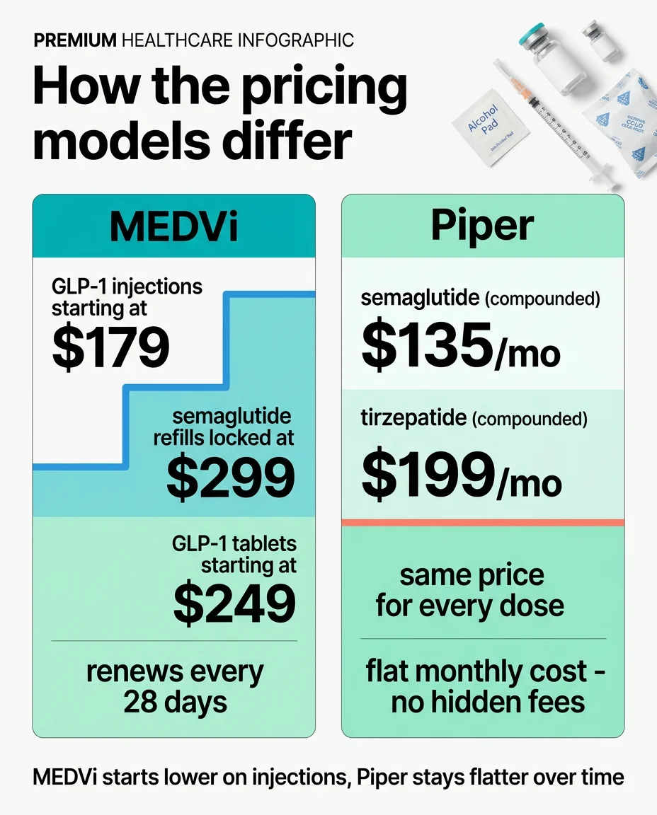 How the pricing models differ between MEDVi and Piper: MEDVi starts at $179 for GLP-1 injections, refills at $299, tablets starting at $249, renews every 28 days. Piper offers semaglutide at $135/mo and tirzepatide at $199/mo with same price for every dose and flat monthly cost.